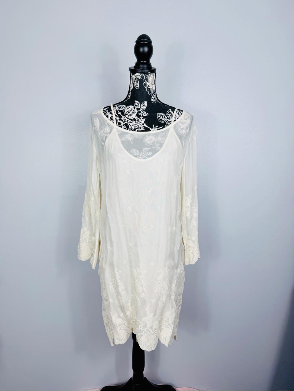 Lucky brand vintage 90s cream lace overlay 3/4 sleeve dress size medium